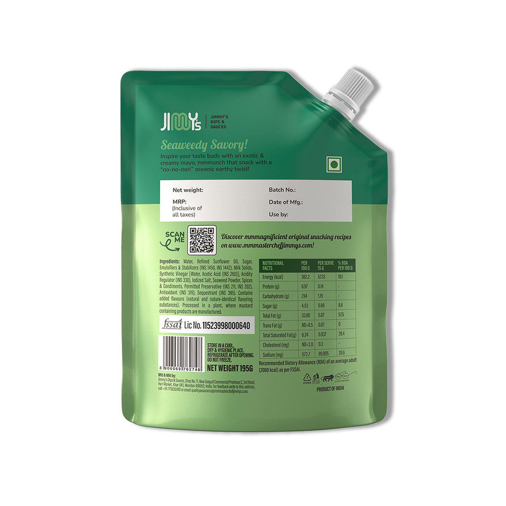 Nori Seaweed Mayonnaise + Chilli Lime Basil Mayonnaise + Chilli Cheese Mayo + Honey Mustard Mayonnaise + Ranch Dip Mayonnaise - 975 gms