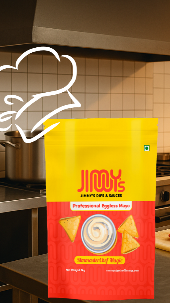 Red and yellow Jimboy product packaging on a kitchen counter with cooking utensils in the background.