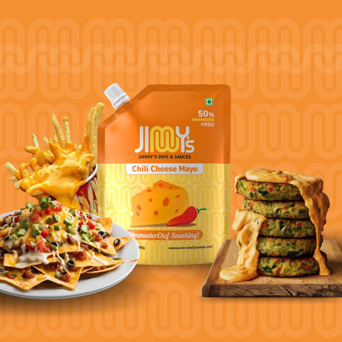 Packaging of Jimmy's Chili Cheese Mayo with food items on an orange background